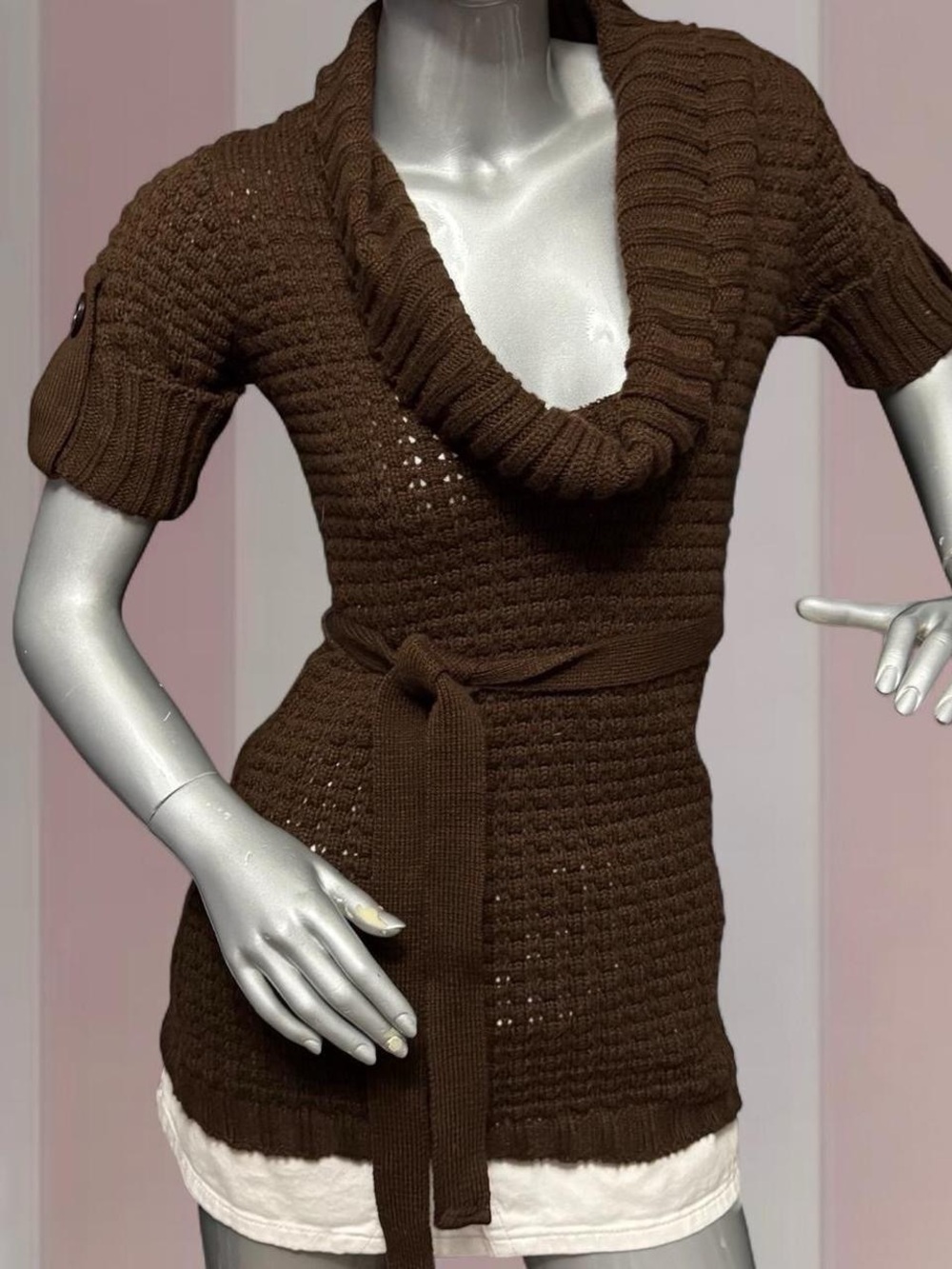 MAJORA Knitted Cowl Neck Waist-Tie Sweater